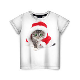 Детская футболка 3D с принтом Новогодняя Киса в Санкт-Петербурге, 100% гипоаллергенный полиэфир | прямой крой, круглый вырез горловины, длина до линии бедер, чуть спущенное плечо, ткань немного тянется | cat | christmas | new year | winter | дед мороз | зима | кисы | кошки | новый год | рождество