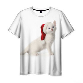 Мужская футболка 3D с принтом Киса в Шапочке в Санкт-Петербурге, 100% полиэфир | прямой крой, круглый вырез горловины, длина до линии бедер | cat | christmas | new year | winter | дед мороз | зима | кисы | кошки | новый год | рождество
