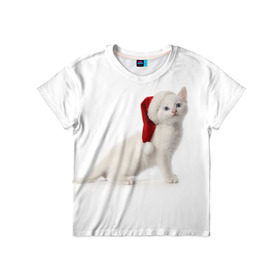 Детская футболка 3D с принтом Киса в Шапочке в Санкт-Петербурге, 100% гипоаллергенный полиэфир | прямой крой, круглый вырез горловины, длина до линии бедер, чуть спущенное плечо, ткань немного тянется | cat | christmas | new year | winter | дед мороз | зима | кисы | кошки | новый год | рождество