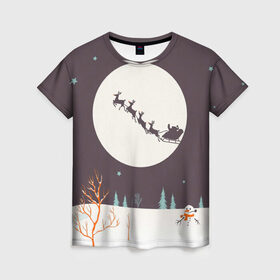 Женская футболка 3D с принтом Олени Санты в Санкт-Петербурге, 100% полиэфир ( синтетическое хлопкоподобное полотно) | прямой крой, круглый вырез горловины, длина до линии бедер | christmas | new year | winter | дед мороз | зима | новый год | рождество