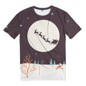 Мужская футболка 3D с принтом Олени Санты в Санкт-Петербурге, 100% полиэфир | прямой крой, круглый вырез горловины, длина до линии бедер | christmas | new year | winter | дед мороз | зима | новый год | рождество