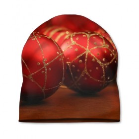 Шапка 3D с принтом Красные украшения в Санкт-Петербурге, 100% полиэстер | универсальный размер, печать по всей поверхности изделия | елка | игрушки | красный | новый год | праздник | украшения
