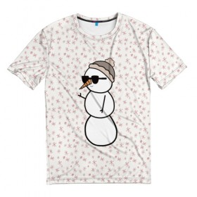 Мужская футболка 3D с принтом Крутой снеговик 2 в Санкт-Петербурге, 100% полиэфир | прямой крой, круглый вырез горловины, длина до линии бедер | зима | новогодний | очки | паттерн | рождество | снежинки
