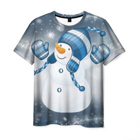 Мужская футболка 3D с принтом С Новым годом! в Санкт-Петербурге, 100% полиэфир | прямой крой, круглый вырез горловины, длина до линии бедер | рождество | снеговик | снежинки