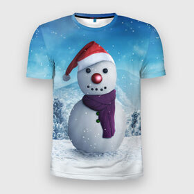 Мужская футболка 3D спортивная с принтом Снеговик в Санкт-Петербурге, 100% полиэстер с улучшенными характеристиками | приталенный силуэт, круглая горловина, широкие плечи, сужается к линии бедра | happy new year | блеск | ёлка | зима | игрушки. праздник | конфетти | новый год | подарки | снег