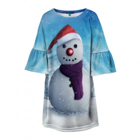 Детское платье 3D с принтом Снеговик в Санкт-Петербурге, 100% полиэстер | прямой силуэт, чуть расширенный к низу. Круглая горловина, на рукавах — воланы | happy new year | блеск | ёлка | зима | игрушки. праздник | конфетти | новый год | подарки | снег