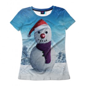 Женская футболка 3D с принтом Снеговик в Санкт-Петербурге, 100% полиэфир ( синтетическое хлопкоподобное полотно) | прямой крой, круглый вырез горловины, длина до линии бедер | happy new year | блеск | ёлка | зима | игрушки. праздник | конфетти | новый год | подарки | снег