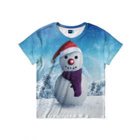 Детская футболка 3D с принтом Снеговик в Санкт-Петербурге, 100% гипоаллергенный полиэфир | прямой крой, круглый вырез горловины, длина до линии бедер, чуть спущенное плечо, ткань немного тянется | Тематика изображения на принте: happy new year | блеск | ёлка | зима | игрушки. праздник | конфетти | новый год | подарки | снег