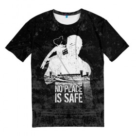 Мужская футболка 3D с принтом No Place is Safe в Санкт-Петербурге, 100% полиэфир | прямой крой, круглый вырез горловины, длина до линии бедер | Тематика изображения на принте: bone | carl | rick | skelet | skull | walking dead | zombie | граймс | зомби | карл | кости | рик | скелет | ходячие мертвецы | череп
