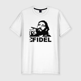 Мужская футболка премиум с принтом Фидель, Кастро в Санкт-Петербурге, 92% хлопок, 8% лайкра | приталенный силуэт, круглый вырез ворота, длина до линии бедра, короткий рукав | castro | che | fidel | guevara | гевара | кастро | фидель | че