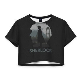 Женская футболка 3D укороченная с принтом Sherlock World в Санкт-Петербурге, 100% полиэстер | круглая горловина, длина футболки до линии талии, рукава с отворотами | Тематика изображения на принте: doctor | holmes | холмс | шерлок