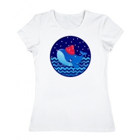 Женская футболка хлопок с принтом Синий кит зимой в Санкт-Петербурге, 100% хлопок | прямой крой, круглый вырез горловины, длина до линии бедер, слегка спущенное плечо | большой синий кит | волны | зима | новый год | океан | синий кит в шапке | снег