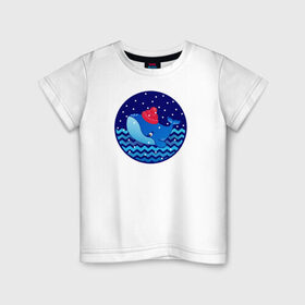Детская футболка хлопок с принтом Синий кит зимой в Санкт-Петербурге, 100% хлопок | круглый вырез горловины, полуприлегающий силуэт, длина до линии бедер | Тематика изображения на принте: большой синий кит | волны | зима | новый год | океан | синий кит в шапке | снег