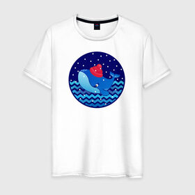 Мужская футболка хлопок с принтом Синий кит зимой в Санкт-Петербурге, 100% хлопок | прямой крой, круглый вырез горловины, длина до линии бедер, слегка спущенное плечо. | большой синий кит | волны | зима | новый год | океан | синий кит в шапке | снег