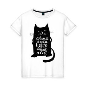 Женская футболка хлопок с принтом Черный кот в Санкт-Петербурге, 100% хлопок | прямой крой, круглый вырез горловины, длина до линии бедер, слегка спущенное плечо | кот | котенок | кошка | мяу