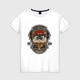 Женская футболка хлопок с принтом Кот-гонщик в Санкт-Петербурге, 100% хлопок | прямой крой, круглый вырез горловины, длина до линии бедер, слегка спущенное плечо | гонки | кот | котенок | кошка | мотоцикл | мяу | шлем