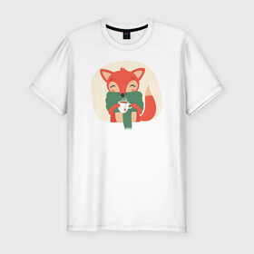 Мужская футболка премиум с принтом Лисица с чаем в Санкт-Петербурге, 92% хлопок, 8% лайкра | приталенный силуэт, круглый вырез ворота, длина до линии бедра, короткий рукав | лиса | лисенок | лисица | лисичка