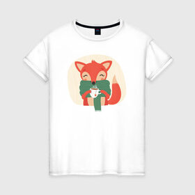 Женская футболка хлопок с принтом Лисица с чаем в Санкт-Петербурге, 100% хлопок | прямой крой, круглый вырез горловины, длина до линии бедер, слегка спущенное плечо | лиса | лисенок | лисица | лисичка