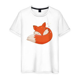 Мужская футболка хлопок с принтом Спящая лиса в Санкт-Петербурге, 100% хлопок | прямой крой, круглый вырез горловины, длина до линии бедер, слегка спущенное плечо. | лиса | лисенок | лисица | лисичка
