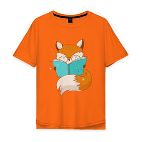 Мужская футболка хлопок Oversize с принтом Лисица с книгой в Санкт-Петербурге, 100% хлопок | свободный крой, круглый ворот, “спинка” длиннее передней части | лиса | лисенок | лисица | лисичка