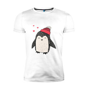 Мужская футболка премиум с принтом Пингвин в шапке в Санкт-Петербурге, 92% хлопок, 8% лайкра | приталенный силуэт, круглый вырез ворота, длина до линии бедра, короткий рукав | christmas | new year | winter | зима | новый год | пингвин | рождество