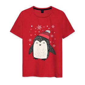 Мужская футболка хлопок с принтом Пингвин в шапке в Санкт-Петербурге, 100% хлопок | прямой крой, круглый вырез горловины, длина до линии бедер, слегка спущенное плечо. | christmas | new year | winter | зима | новый год | пингвин | рождество