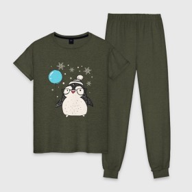 Женская пижама хлопок с принтом Пингвин с шариком в Санкт-Петербурге, 100% хлопок | брюки и футболка прямого кроя, без карманов, на брюках мягкая резинка на поясе и по низу штанин | Тематика изображения на принте: christmas | new year | winter | зима | новый год | пингвин | рождество