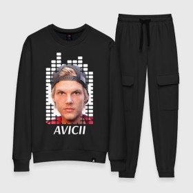 Женский костюм хлопок с принтом EQ - Avicii в Санкт-Петербурге, 100% хлопок | на свитшоте круглая горловина, мягкая резинка по низу. Брюки заужены к низу, на них два вида карманов: два 