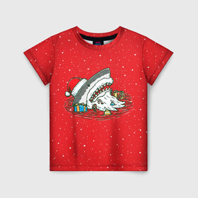 Детская футболка 3D с принтом Акула Дед Мороз в Санкт-Петербурге, 100% гипоаллергенный полиэфир | прямой крой, круглый вырез горловины, длина до линии бедер, чуть спущенное плечо, ткань немного тянется | christmas | new year | shark | новый год | рождество | санта
