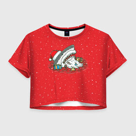 Женская футболка 3D укороченная с принтом Акула Дед Мороз в Санкт-Петербурге, 100% полиэстер | круглая горловина, длина футболки до линии талии, рукава с отворотами | christmas | new year | shark | новый год | рождество | санта