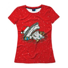 Женская футболка 3D с принтом Акула Дед Мороз в Санкт-Петербурге, 100% полиэфир ( синтетическое хлопкоподобное полотно) | прямой крой, круглый вырез горловины, длина до линии бедер | christmas | new year | shark | новый год | рождество | санта