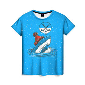Женская футболка 3D с принтом Акула хоккейный фанат в Санкт-Петербурге, 100% полиэфир ( синтетическое хлопкоподобное полотно) | прямой крой, круглый вырез горловины, длина до линии бедер | fan | fish | hochey | ocean | predator | sea | shark | water | акула | вода | игра | лед | море | океан | рыба | фанат | хищник | хоккей | шайба