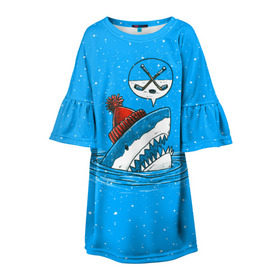 Детское платье 3D с принтом Акула хоккейный фанат в Санкт-Петербурге, 100% полиэстер | прямой силуэт, чуть расширенный к низу. Круглая горловина, на рукавах — воланы | fan | fish | hochey | ocean | predator | sea | shark | water | акула | вода | игра | лед | море | океан | рыба | фанат | хищник | хоккей | шайба