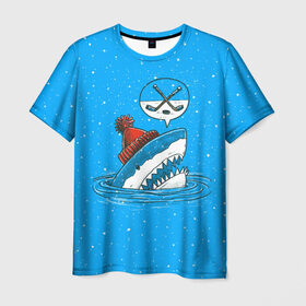 Мужская футболка 3D с принтом Акула хоккейный фанат в Санкт-Петербурге, 100% полиэфир | прямой крой, круглый вырез горловины, длина до линии бедер | fan | fish | hochey | ocean | predator | sea | shark | water | акула | вода | игра | лед | море | океан | рыба | фанат | хищник | хоккей | шайба