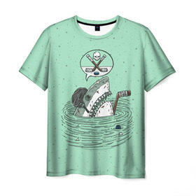 Мужская футболка 3D с принтом Акула хоккеист в Санкт-Петербурге, 100% полиэфир | прямой крой, круглый вырез горловины, длина до линии бедер | fan | fish | hochey | ocean | predator | sea | shark | water | акула | вода | игра | лед | море | океан | рыба | фанат | хищник | хоккей | шайба