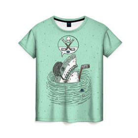 Женская футболка 3D с принтом Акула хоккеист в Санкт-Петербурге, 100% полиэфир ( синтетическое хлопкоподобное полотно) | прямой крой, круглый вырез горловины, длина до линии бедер | fan | fish | hochey | ocean | predator | sea | shark | water | акула | вода | игра | лед | море | океан | рыба | фанат | хищник | хоккей | шайба