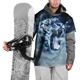 Накидка на куртку 3D с принтом Белый тигр в Санкт-Петербурге, 100% полиэстер |  | зима | клыки | метель | пасть | снег | тигр | хищник