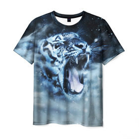 Мужская футболка 3D с принтом Белый тигр в Санкт-Петербурге, 100% полиэфир | прямой крой, круглый вырез горловины, длина до линии бедер | зима | клыки | метель | пасть | снег | тигр | хищник