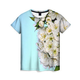 Женская футболка 3D с принтом Сакура в Санкт-Петербурге, 100% полиэфир ( синтетическое хлопкоподобное полотно) | прямой крой, круглый вырез горловины, длина до линии бедер | вишня | сакура | яблоня | япония