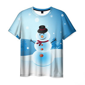 Мужская футболка 3D с принтом Снеговик в Санкт-Петербурге, 100% полиэфир | прямой крой, круглый вырез горловины, длина до линии бедер | дед мороз | зима | новый год | праздник | снеговик | снежинки