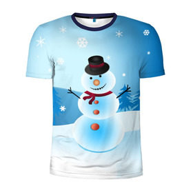 Мужская футболка 3D спортивная с принтом Снеговик в Санкт-Петербурге, 100% полиэстер с улучшенными характеристиками | приталенный силуэт, круглая горловина, широкие плечи, сужается к линии бедра | дед мороз | зима | новый год | праздник | снеговик | снежинки