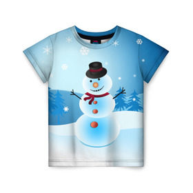 Детская футболка 3D с принтом Снеговик в Санкт-Петербурге, 100% гипоаллергенный полиэфир | прямой крой, круглый вырез горловины, длина до линии бедер, чуть спущенное плечо, ткань немного тянется | дед мороз | зима | новый год | праздник | снеговик | снежинки