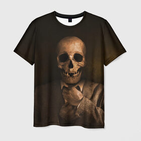 Мужская футболка 3D с принтом Скелет в пиджаке в Санкт-Петербурге, 100% полиэфир | прямой крой, круглый вырез горловины, длина до линии бедер | кости | пиджак | скелет | ужас | череп