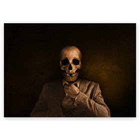 Поздравительная открытка с принтом Скелет в пиджаке в Санкт-Петербурге, 100% бумага | плотность бумаги 280 г/м2, матовая, на обратной стороне линовка и место для марки
 | кости | пиджак | скелет | ужас | череп