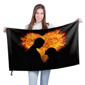 Флаг 3D с принтом Огненная любовь в Санкт-Петербурге, 100% полиэстер | плотность ткани — 95 г/м2, размер — 67 х 109 см. Принт наносится с одной стороны | любовь | огонь | пламя | сердце | танец