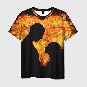 Мужская футболка 3D с принтом Огненная любовь в Санкт-Петербурге, 100% полиэфир | прямой крой, круглый вырез горловины, длина до линии бедер | любовь | огонь | пламя | сердце | танец