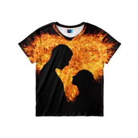 Детская футболка 3D с принтом Огненная любовь в Санкт-Петербурге, 100% гипоаллергенный полиэфир | прямой крой, круглый вырез горловины, длина до линии бедер, чуть спущенное плечо, ткань немного тянется | любовь | огонь | пламя | сердце | танец