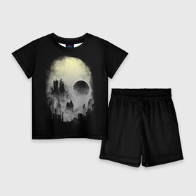 Детский костюм с шортами 3D с принтом Мертвый туман в Санкт-Петербурге,  |  | Тематика изображения на принте: bone | ciyt | dark | evil | skelet | skull | город | кости | скелет | туман | череп