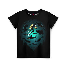 Детская футболка 3D с принтом Подводный мир в Санкт-Петербурге, 100% гипоаллергенный полиэфир | прямой крой, круглый вырез горловины, длина до линии бедер, чуть спущенное плечо, ткань немного тянется | Тематика изображения на принте: fish | ocean | predator | sea | shark | under | акула | вода | дайвер | дайвинг | море | океан | рыба | хищник