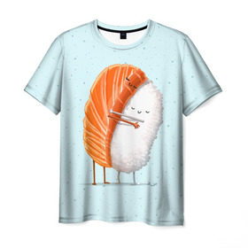 Мужская футболка 3D с принтом Суши друзья в Санкт-Петербурге, 100% полиэфир | прямой крой, круглый вырез горловины, длина до линии бедер | china | eat | fish | food | japan | sushi | лосось | прикол | рис | ролл | рыба | суши